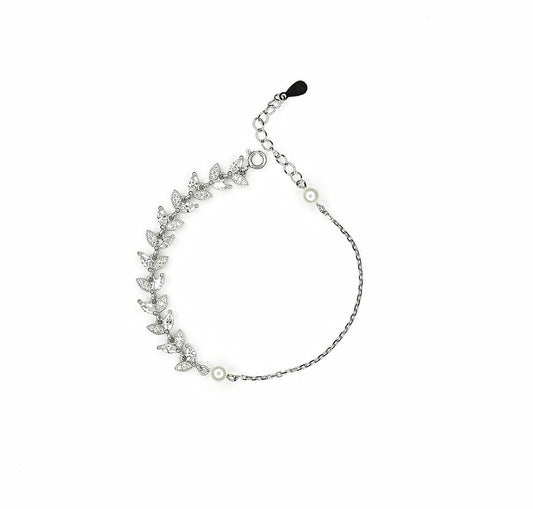 Silver Leaf Charm CZ Pearl Bracelet