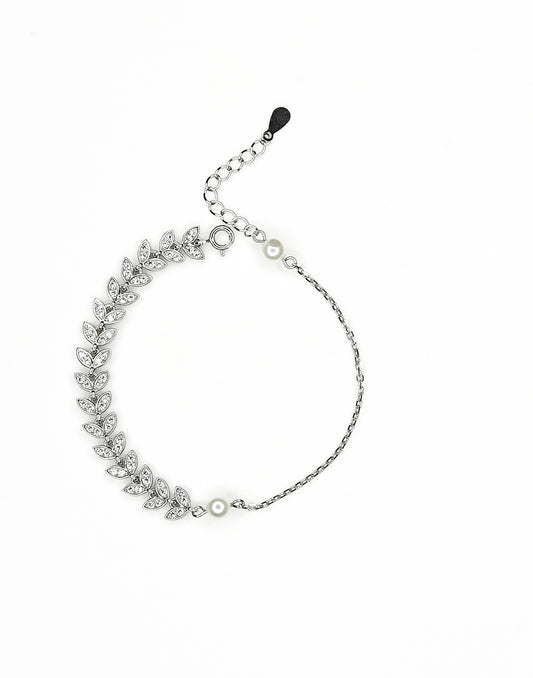 Silver Leaf Charm With Pearl Bracelet