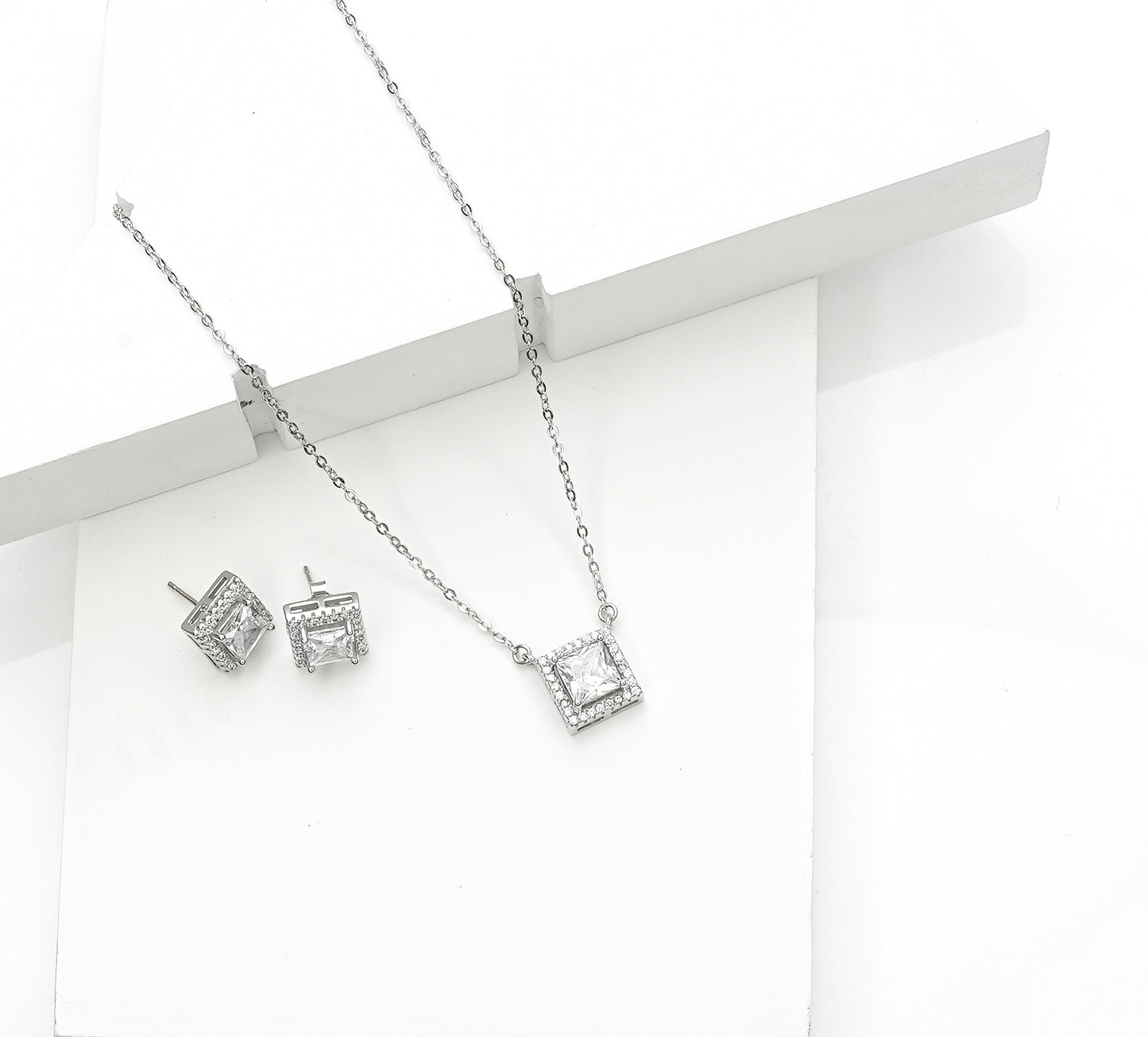 Silver Solitaire Square Earring Pendant Set