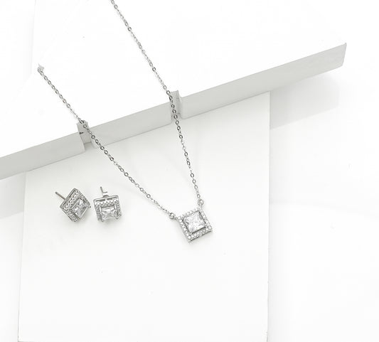 Silver Solitaire Square Earring Pendant Set