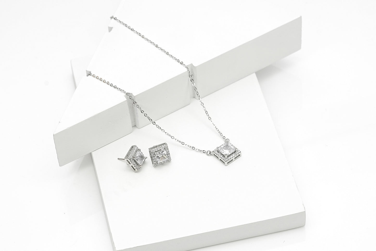 Silver Solitaire Square Earring Pendant Set